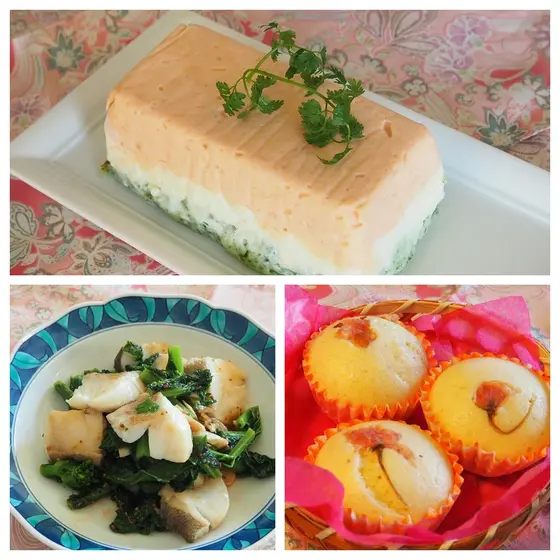 ひな祭り♪三色テリーヌ、白身魚と菜の花炒め＆桜の蒸しパン