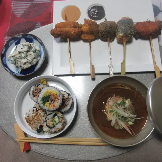 6月の和食は色々変わり串揚げを中心に和え物、胡麻豆腐の椀他を
