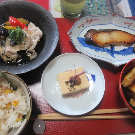 7月の和食は京粕漬け教室と　京粕漬けを中心に定食風に仕立ててお食事になります