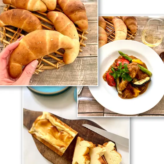 塩パン、チキンと野菜の発酵カレースープ、コルシカ風チーズケーキ
