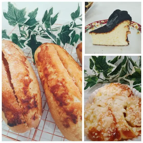 明太フランス、カスタードクランブルのパン、バスクチーズケーキ