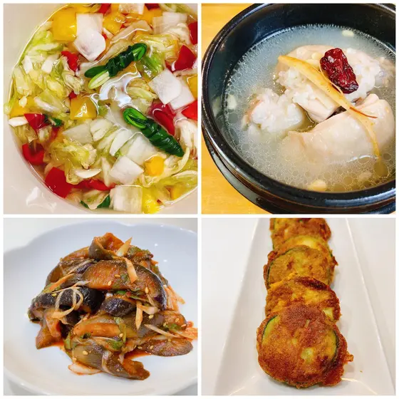夏の韓国おかず♪水キムチ、茄子の辛ナムル、ズッキーニのジョン、手羽元で作る参鶏湯