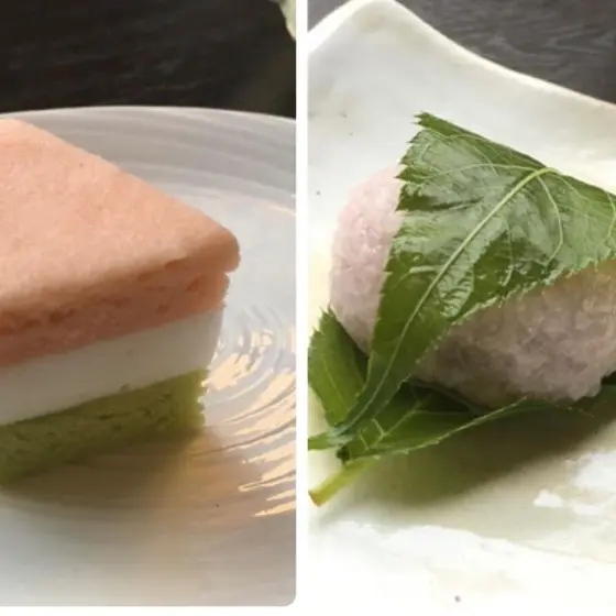 お馴染みの”桜餅”(道明寺製)、と浮島と淡雪羹で作る”菱餅”