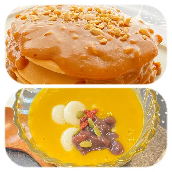 ピーナッツバターソース米粉パンケーキとかぼちゃココナッツ汁粉