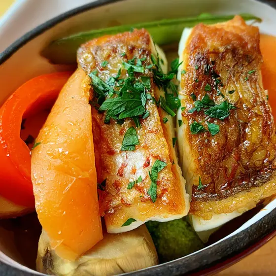 大葉ジェノベーゼの冷製パスタと鮮魚と夏野菜のオーブン焼き！