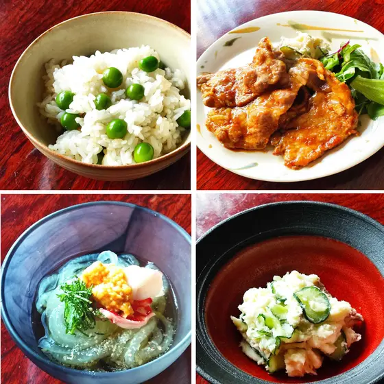 和食の基本「グリーンピースご飯」「豚の生姜焼き」「ポテトサラダ」「新玉ねぎの酢の物」「若竹味噌汁」