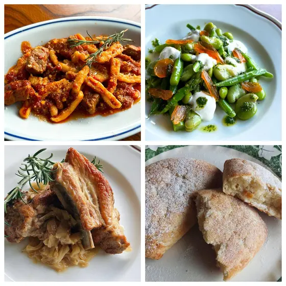 南イタリアの手打ちパスタストラッシナーティ、春野菜の温サラダ、スペアリブとキャベツの煮込み、ナポリのドルチェ（リクエストレッスン）
