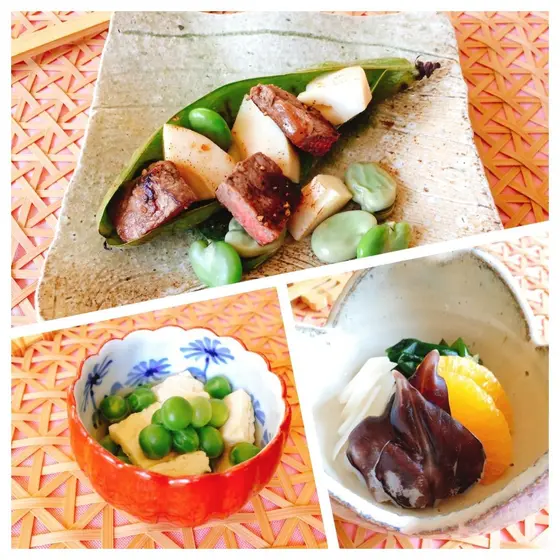 和食の基本〜春野菜と牛肉の焼き物、えんどう豆と湯葉の煮物等