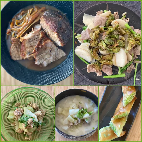 【寒い季節の料理】ネギと豚肉黒胡椒煮 セロリ、ふきのとう炒